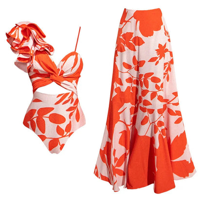 Tangerine Wave Swimsuit Set - Orange