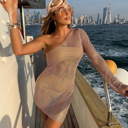 Wear Elastic Mesh Drilling Sloping Shoulder Dress Party Dress for