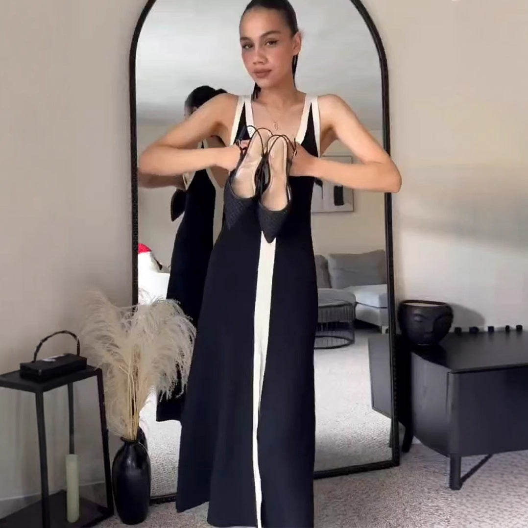 Color Matching Front Back V neck Long Spaghetti Straps Knitted Hepburn Dress Black