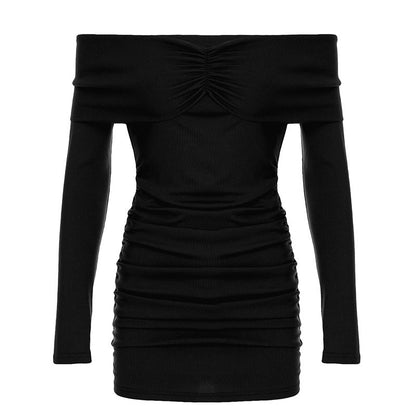 Pleated off the Shoulder Long Sleeve Slim Sheath Short Dress