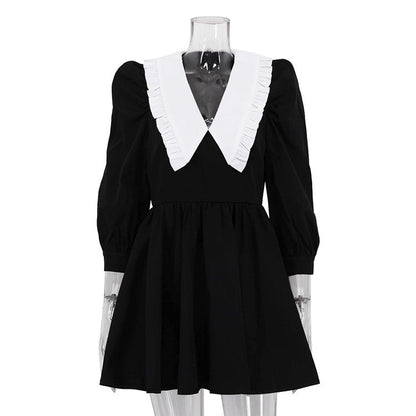 French Black White Contrast Color Doll Collar Short Elegant Pleated A line Dress