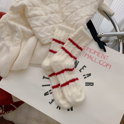 Red Striped Cashmere Blend Warm Mid Calf Christmas Socks