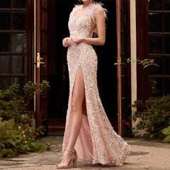 Feather Red High Waist Prom Dress promdress-250223