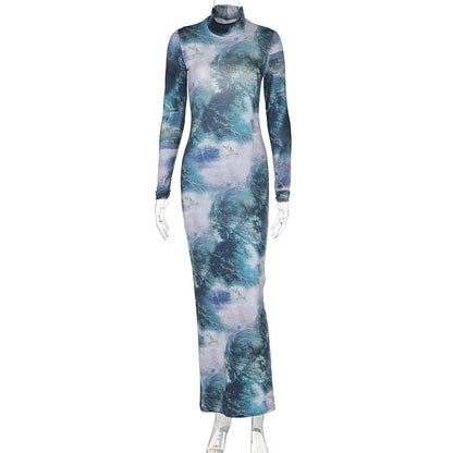 High Collar Long Sleeve Backless Slim Fit Maxi Dress Print Dress
