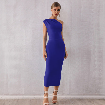Elegant One Shoulder Bandage One Piece Dress Sleeveless Tight Sky Blue Evening Dress