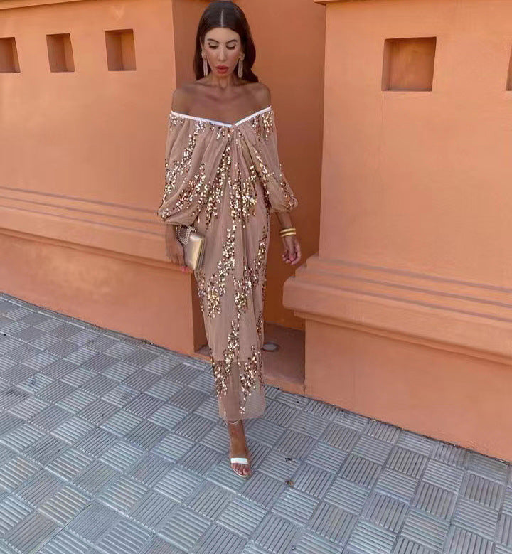 Popular Batwing Sleeve Sequined Deep V Plunge neck Maxi Dress