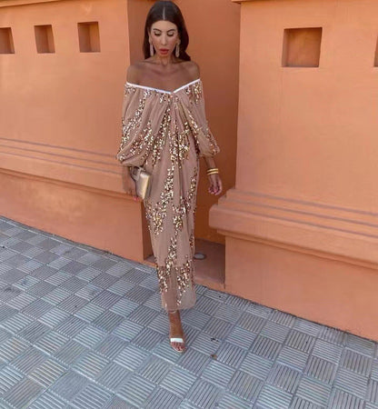 Popular Batwing Sleeve Sequined Deep V Plunge neck Maxi Dress