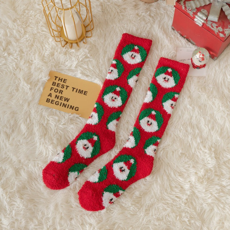 Thick Coral Fleece Reindeer Snowman High Top Christmas Socks