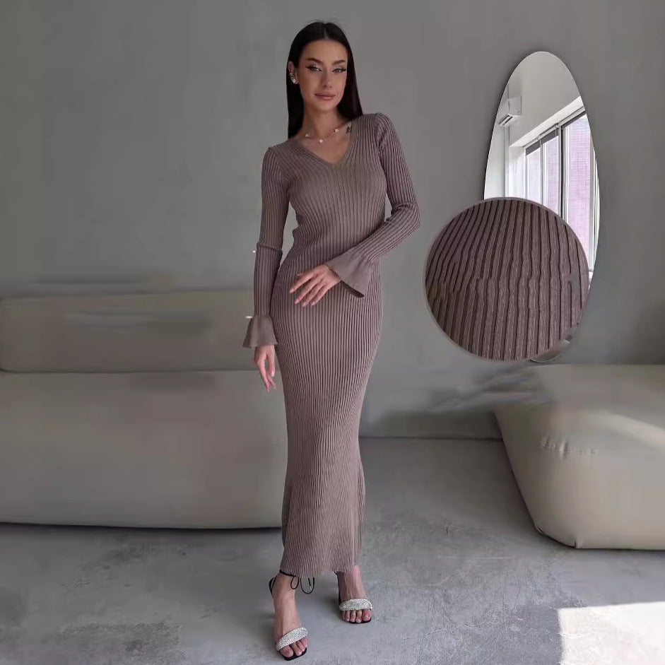 Long Sleeve V neck Tight Knitted Dress Solid Color Rib Fabric Wool Long  Dress