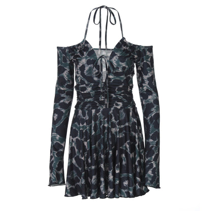 Pattern Print Long Sleeve Tether Halter Pleated Dress