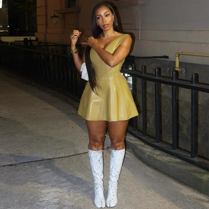 Faux Leather U Collar Sleeveless Patchwork Personality Dress