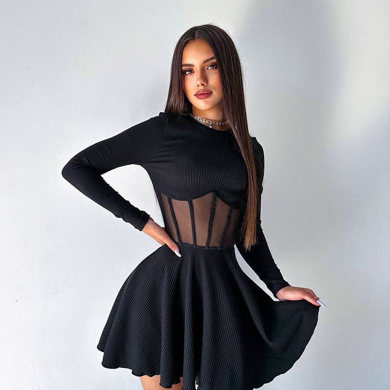 Fall Half High Collar Long Sleeves Mesh Patchwork See through Boning Corset Tight Waist Short Dress