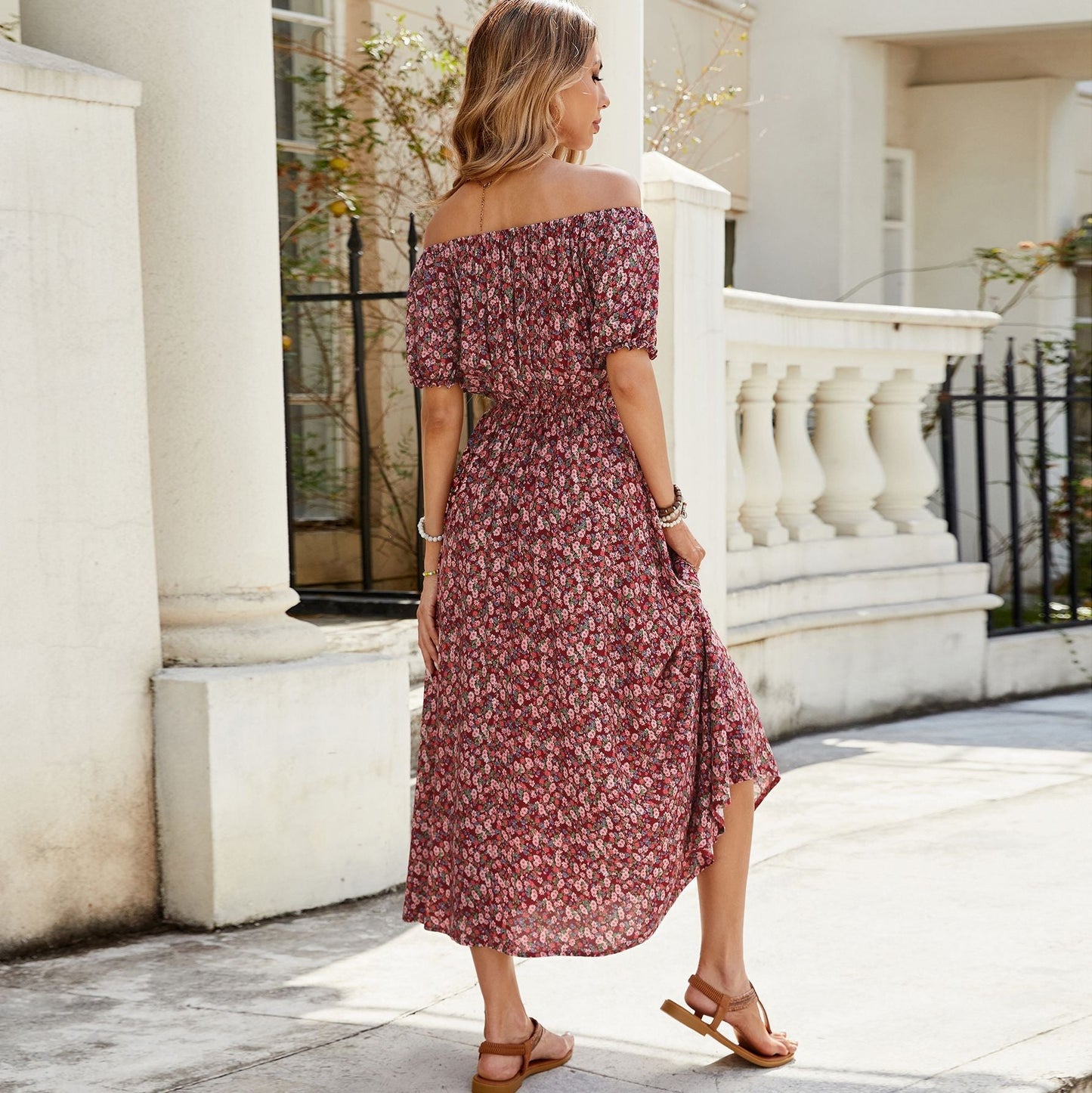 Floral off Shoulder Short Sleeve Retro Vacation Dress