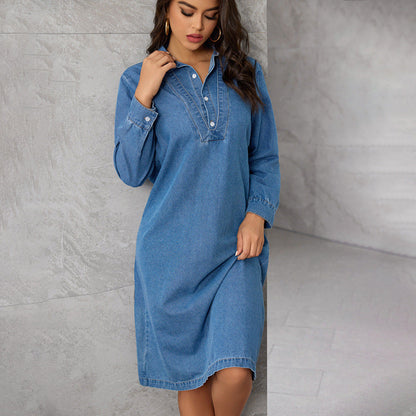 Chinese StCollar Elegant Graceful Retro Long Sleeve Denim Midi Dress