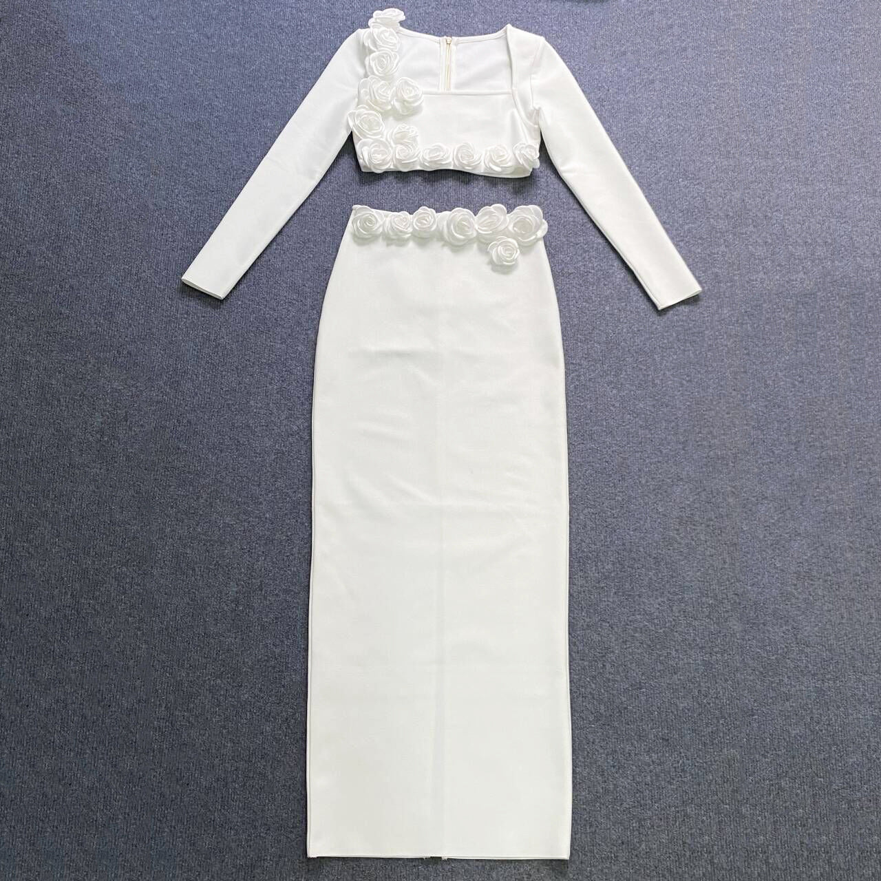 Three Dimensional Floral Bandage Long Sleeved Top Dress Two Piece Dress