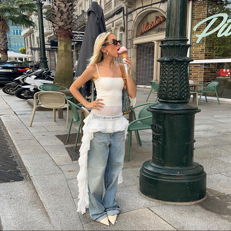 Strap off Neck Lace Stitching Irregular Asymmetric Dress