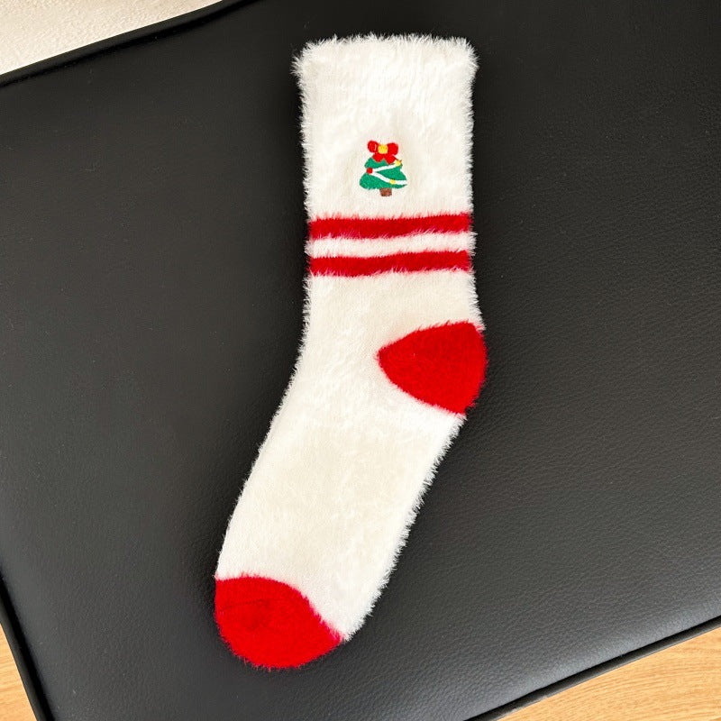 Thick Plush Embroidered Red Mid Calf Christmas Socks