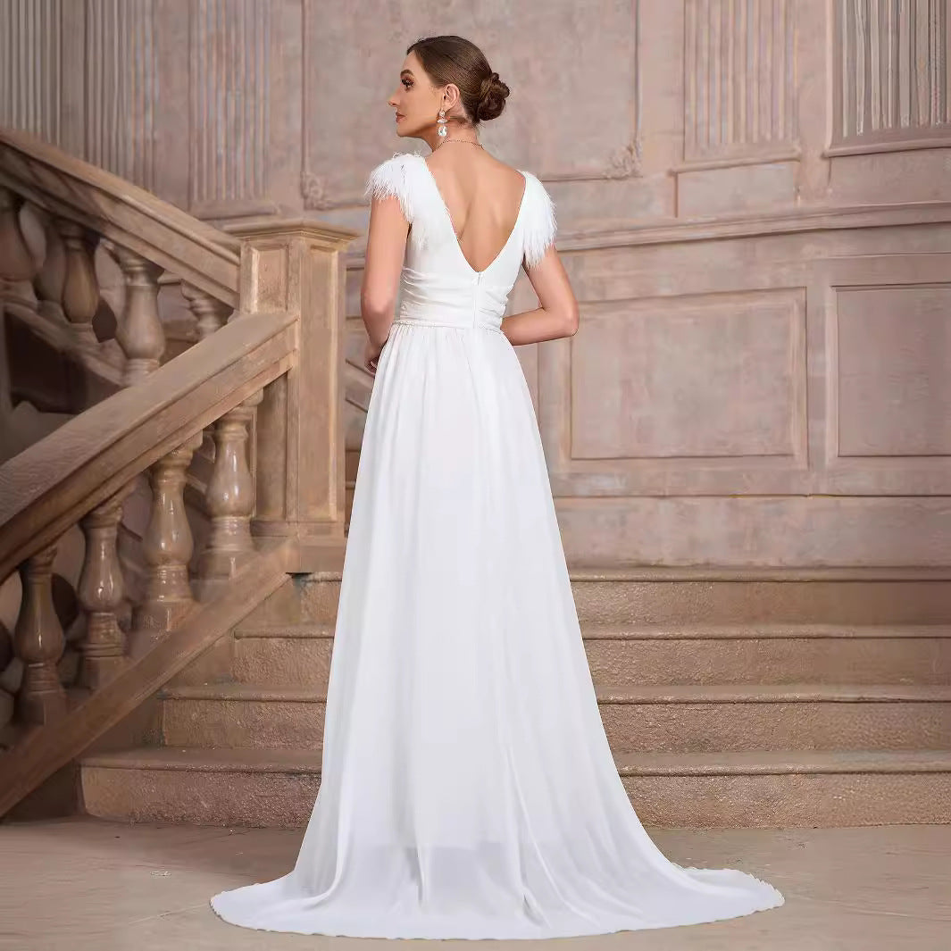 Solid Color V neck Backless Velvet Collar Chiffon Split Elegant Slim Fit Cocktail Evening Dresses