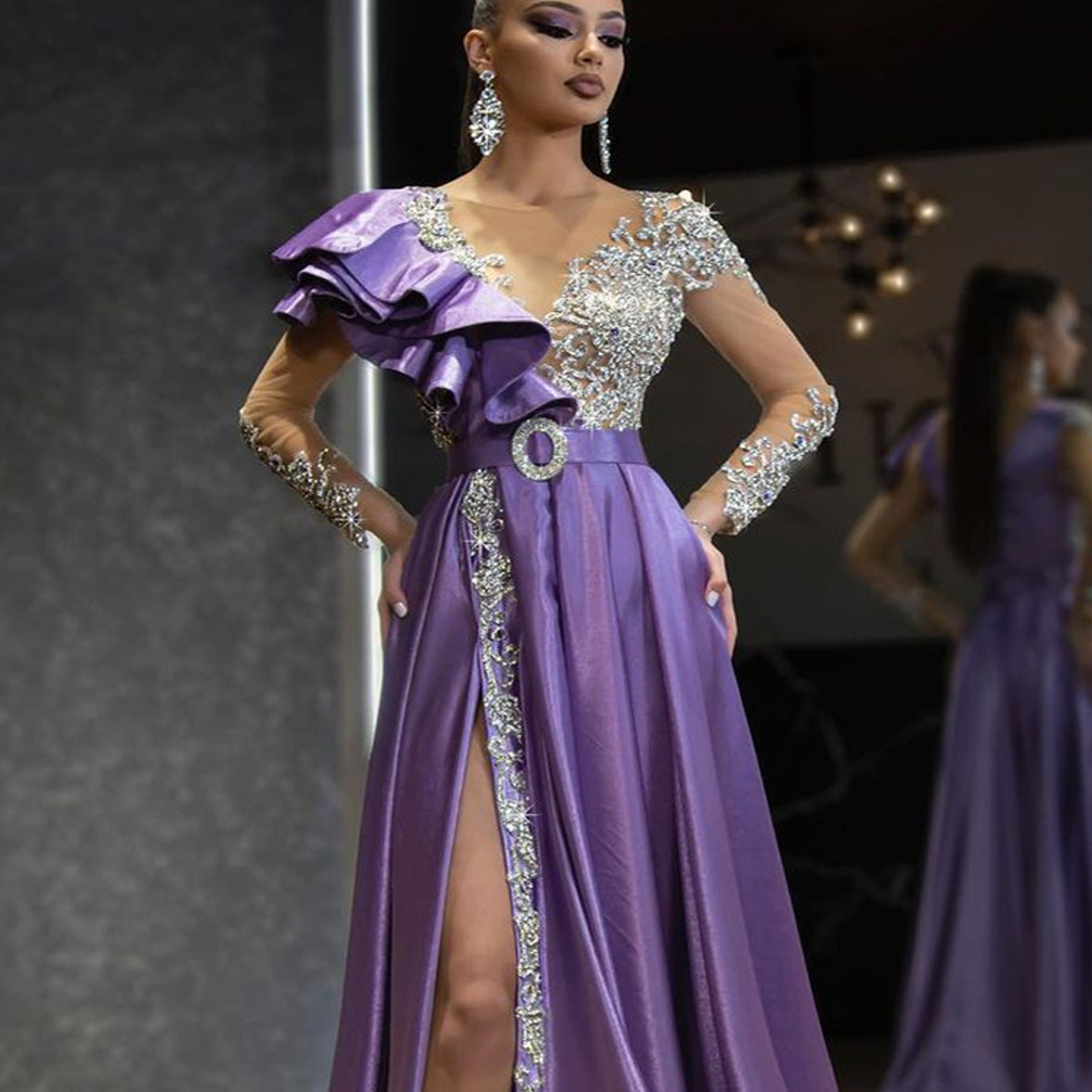 Evening Satin Gold Purple Sequ Dress