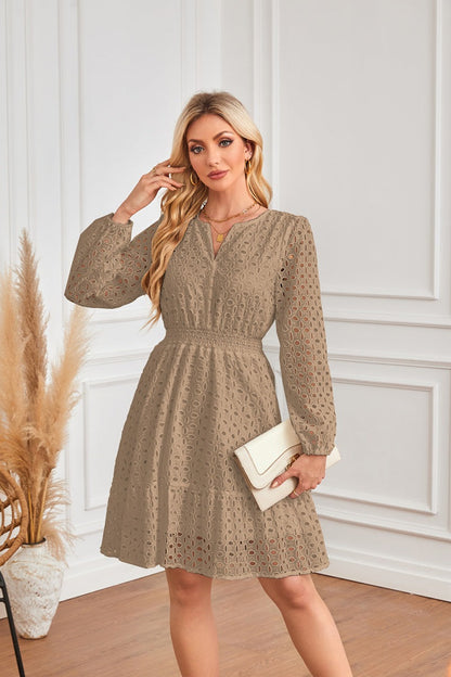 V Neck Hollow Out Cutout Eyelet Embroidery Pleated Long Sleeve Dress