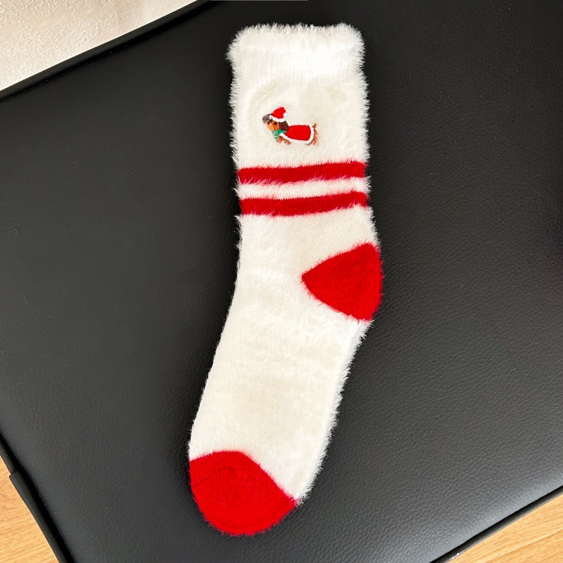 Thick Plush Embroidered Red Mid Calf Christmas Socks