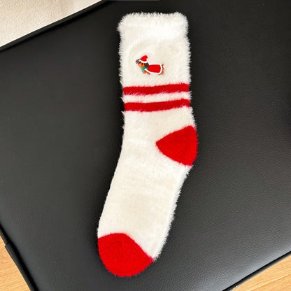 Thick Plush Embroidered Red Mid Calf Christmas Socks