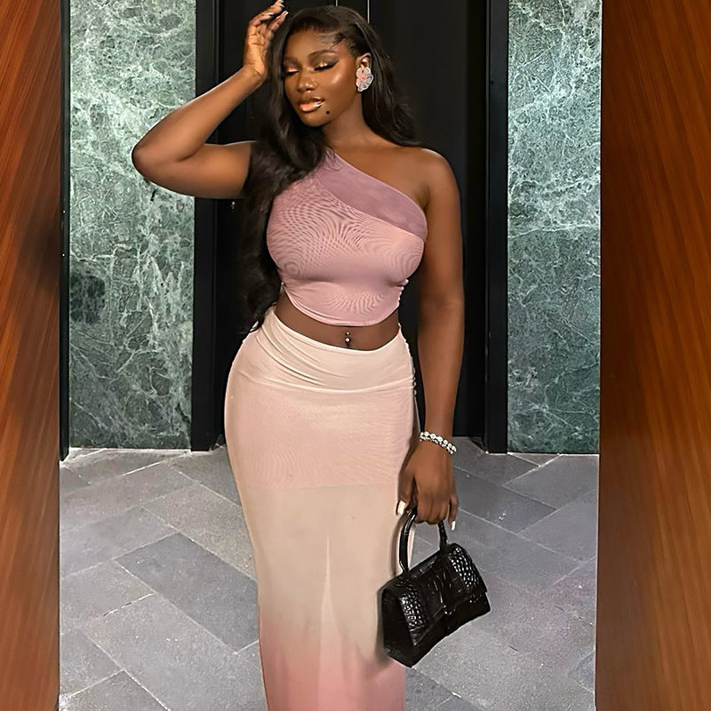 Fresh Cropped Sheath Tight Gradient Color Skirt Set Diagonal Collar Micro Transparent Dress Two Piece Set