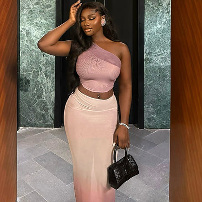 Fresh Cropped Sheath Tight Gradient Color Skirt Set Diagonal Collar Micro Transparent Dress Two Piece Set