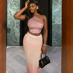 Fresh Cropped Sheath Tight Gradient Color Skirt Set Diagonal Collar Micro Transparent Dress Two Piece Set