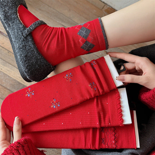 Slouchy Red Combed Cotton Mid Calf Chic Christmas Socks
