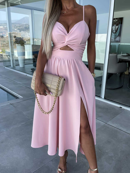Socialite Deep V Plunge neck Hollow Out Cutout- Big Slit Hemline Camisole Gown Dress