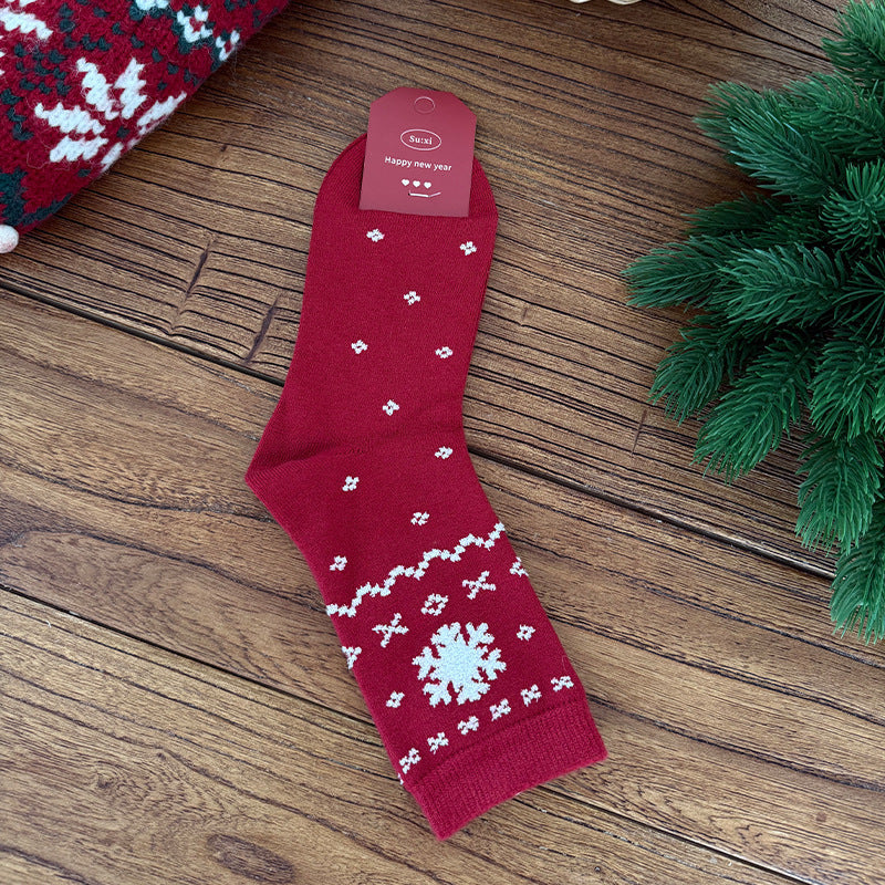 Red Argyle Snowflake Seamless Rabbit Fleece Mid Calf Christmas Socks