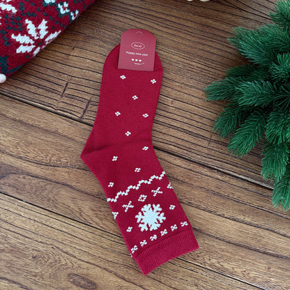 Red Argyle Snowflake Seamless Rabbit Fleece Mid Calf Christmas Socks