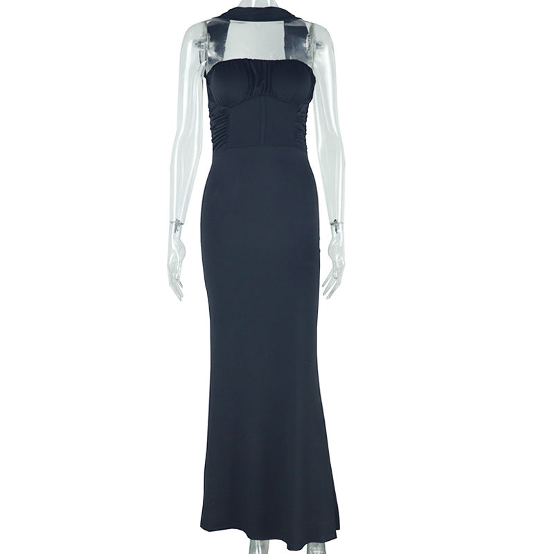 Solid Color Dress Tube Top Halter Cold Shoulder Sleeveless Maxi Dress