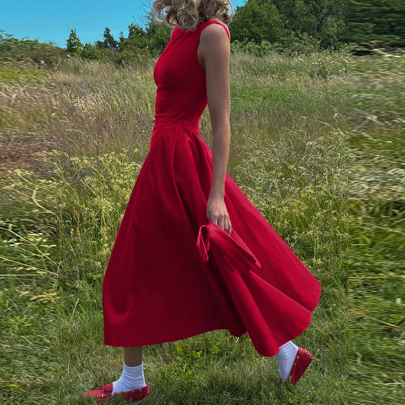 Solid Color Sleeveless Waist Slim Backless Dress