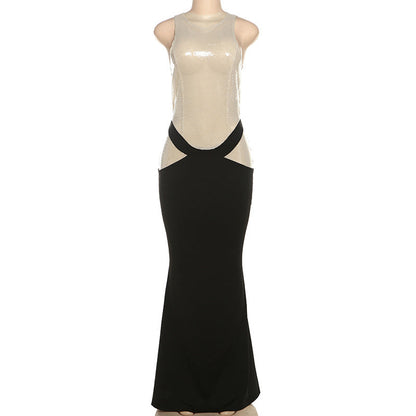 Elegant Pullover Sleeveless round Neck Sequ Color Matching Maxi Dress