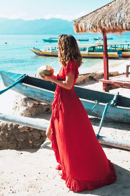 V Neck Short Sleeve Dress Split Dress