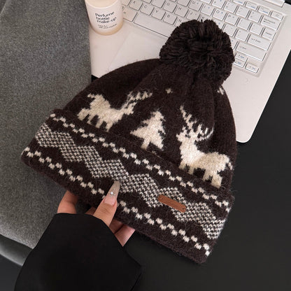 Vintage Reindeer Jacquard Beanie Christmas Hat