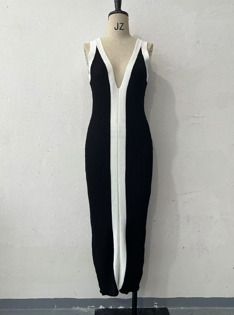 Color Matching Front Back V neck Long Spaghetti Straps Knitted Hepburn Dress Black