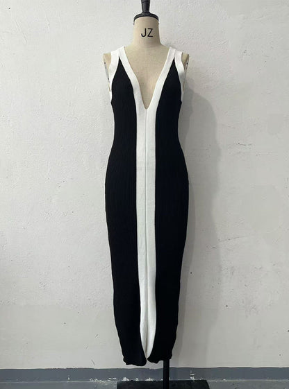 Color Matching Front Back V neck Long Spaghetti Straps Knitted Hepburn Dress Black
