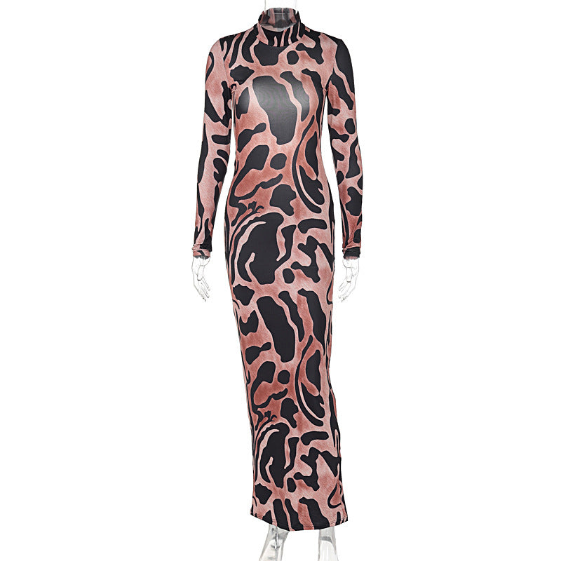 High Collar Long Sleeve Backless Slim Fit Maxi Dress Print Dress