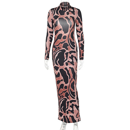 High Collar Long Sleeve Backless Slim Fit Maxi Dress Print Dress