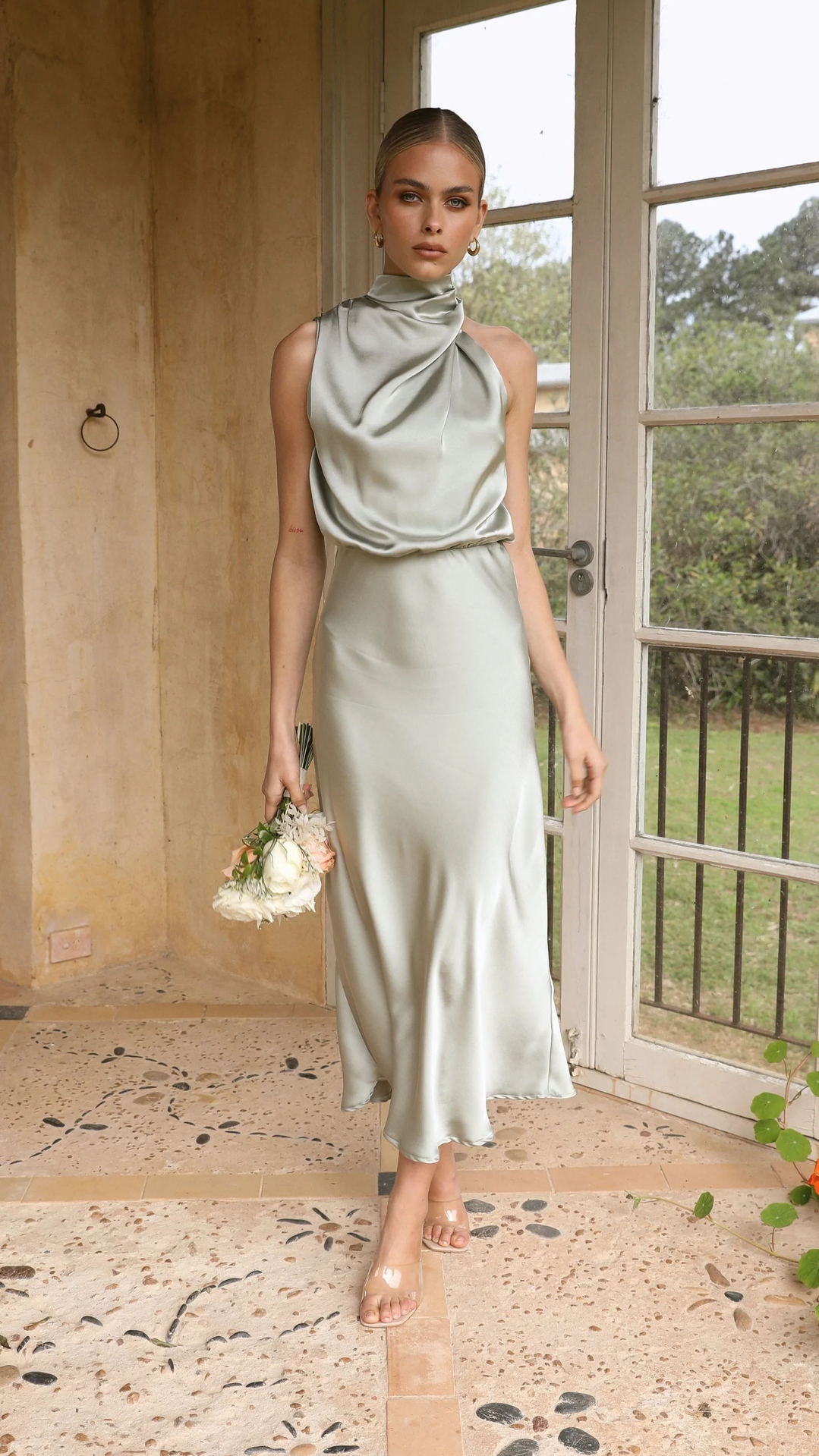 Mature Elegant Sleeveless Halter Solid Color Satin Dress