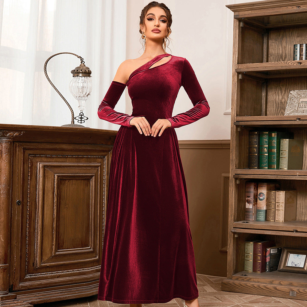 One Shoulder Long Sleeve High Slit Slim Waist Mid Length Evening Dress