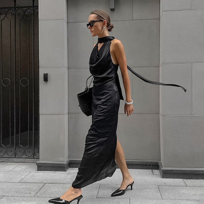 Design Black Thin Soft Matte Satin Swing Collar off Shoulder Elegant Dress Self Tie
