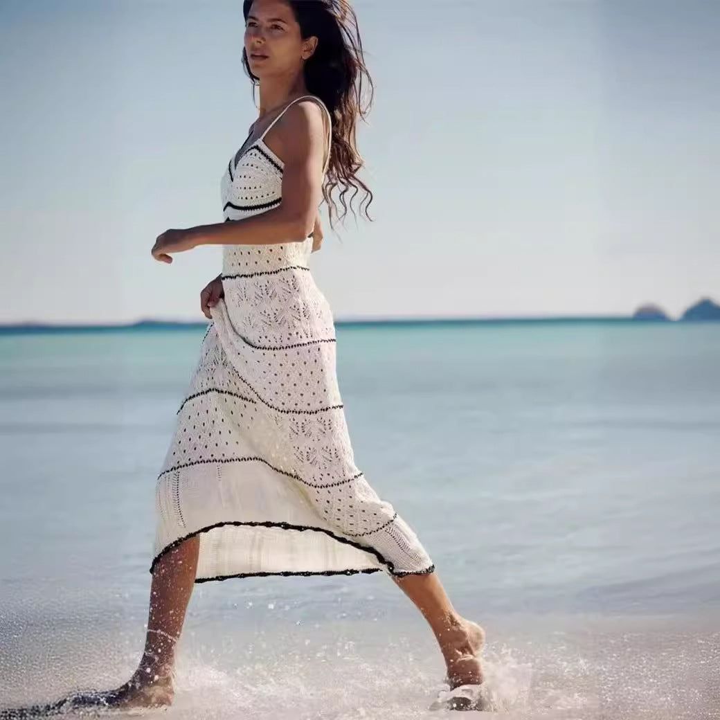 Knitted Hollow Out Cutout Out Long Strap Dress