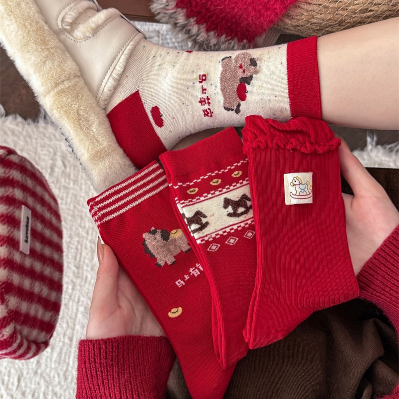 Red Retro Christmas Slouchy Crew Christmas Socks