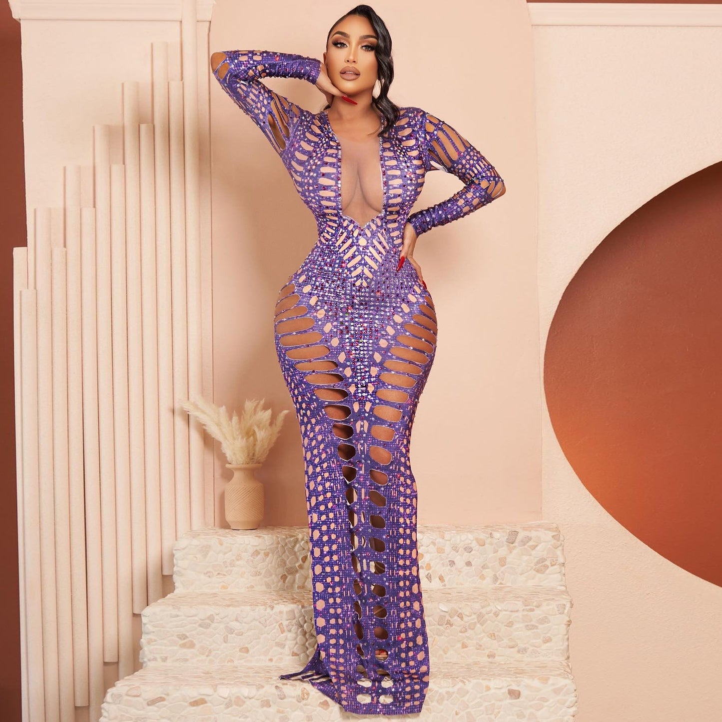 Ripped Skinny Sheath Dress Rhinestone Printed Dress