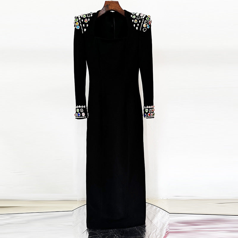 Elegant Heavy Industry Gem Diamond Long Sleeve Maxi Dress Formal Dress