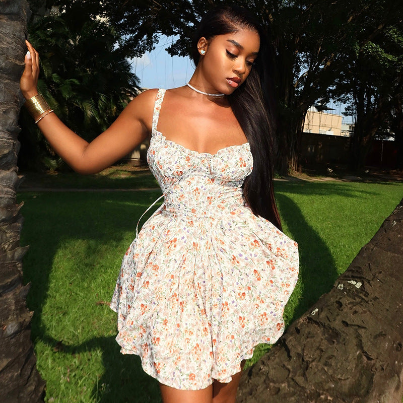 Printed Deep V Plunge neck Strap Waist Irregular Asymmetric Swing Dress Short Dress